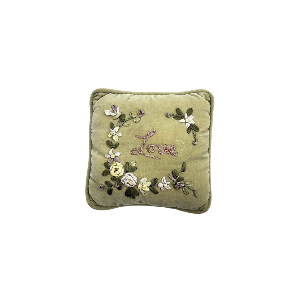 Miniature Velvet Pillow Ribbon Embroidered Green Pink Yellow Floral Love 6in